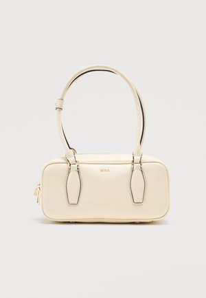 Beež värvi ristkülikukujuline nahast käekott, millel on topelt ümardatud sangad, kuldne tõmblukk ja esiküljel keskel reljeefne "BOSS" logo.