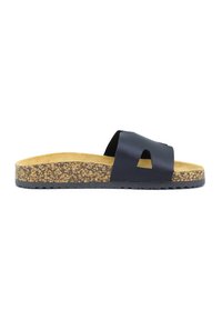 Infradito neri con design open toe, soletta in sughero e suola in gomma texturizzata, dotati di una larga fascia anteriore con un'apertura.