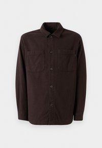 Dark brown shirt jacket made from soft fabric, featuring two front pockets, a button closure, and a classic collar design.