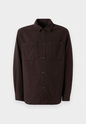 Dark brown shirt jacket made from soft fabric, featuring two front pockets, a button closure, and a classic collar design.