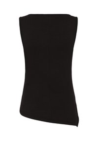 Haut noir sans manches avec un ourlet asymétrique et une silhouette ajustée, vu de dos sur fond blanc.
