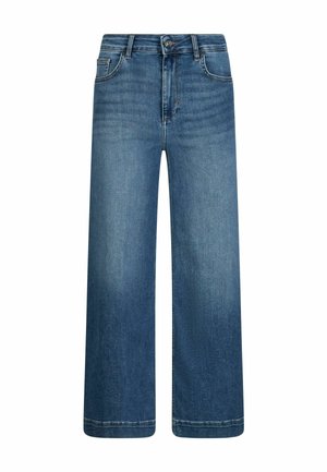 Jeans denim blu a gamba larga con tasche frontali, passanti per cintura, chiusura con bottone e leggere sfumature su cosce e ginocchia.