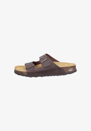 Sandales en cuir marron avec deux sangles réglables, semelle en liège et semelle en caoutchouc texturée. Design lisse avec une finition naturelle.
