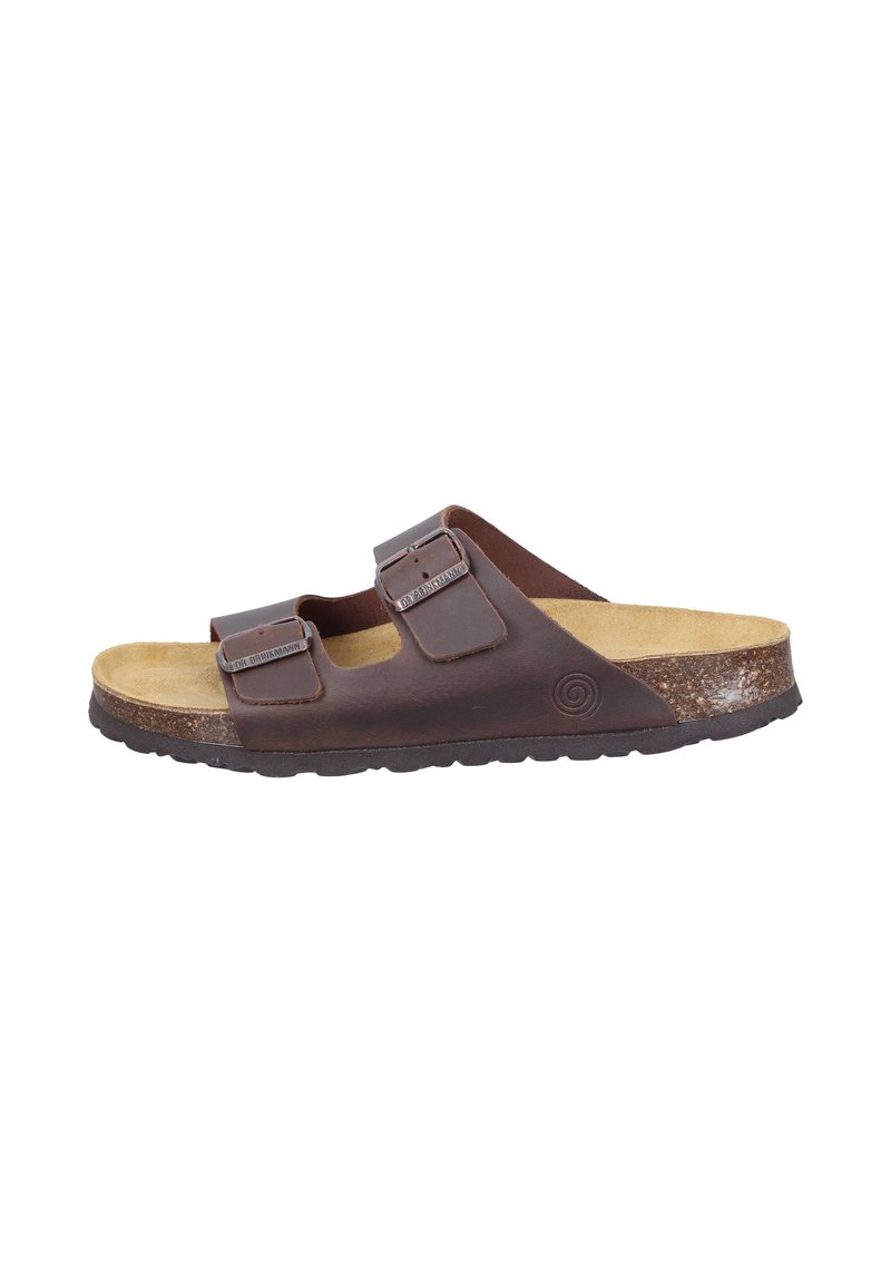 Bruine leren sandalen met twee verstelbare banden, kurken voetbed en rubberen zool met structuur. Strak ontwerp met een natuurlijke afwerking.