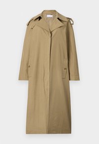Lys brun trenchcoat laget av bomullsblandingsstoff. Har en notert krage, skrå lommer og skulderstropper, med en design som går til knærne.