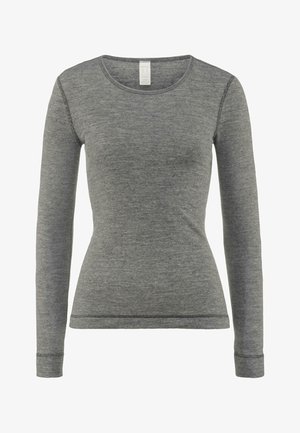 Grau langärmliges T-Shirt aus weichem, strukturiertem Stoff, mit rundem Ausschnitt und figurbetonendem Design sowie feinen Nähten.