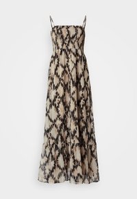 Hihaton maksimekko ohutolkaimilla, rypytetty yläosa ja lennokas hame beige ja mustassa batikikuosissa.