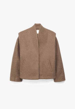 Rjava jakna iz volnene mešanice z dolgimi rokavi, širokim ovratnikom in dvema sprednjima žepoma, prikazana na ravni površini na belem ozadju.