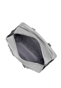 Sac en tissu gris avec une fermeture éclair. L'intérieur présente une texture lisse, une doublure foncée et une petite poche zippée.