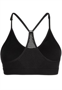 Sostén deportivo negro con un panel de malla texturizada en el centro y tirantes de racerback. Fabricado con material elástico para mayor comodidad.