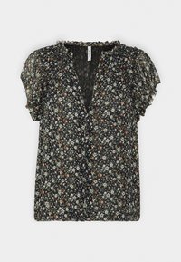 Blouse noire semi-transparente avec imprimé floral blanc et orange, manches courtes à volants, fermeture boutonnée devant et encolure arrondie avec un léger volant.