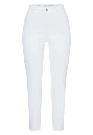 Weiße Slim-Fit-Jeans aus leichtem Stoff, mit einem klassischen Fünf-Taschen-Design, metallischem Knopfverschluss und dezenten Nähdetails.