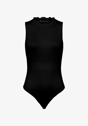 Schwarzer ärmelloser Body mit hohem Kragen und Rüsche. Aus geripptem Stoff gefertigt, verfügt er über ein figurbetontes Design und einen Tangarücken.