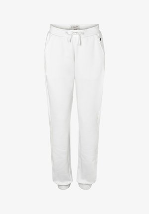 Vita bomullsshorts i joggstil med elastisk midja och snörning, sidofickor och ribbade ärmslut för en åtsittande look vid anklarna.