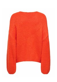 Oranje gebreide trui met een losse pasvorm, brede ballonmouwen en een ronde halslijn. Zachte textuur met een geribde zoom en naden.