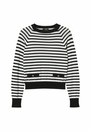 Maglione a maniche lunghe a righe orizzontali in bianco e nero con polsini e orlo a coste, e due piccole tasche decorative con bottoni vicino alla vita.
