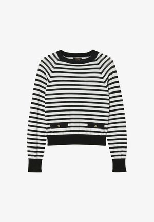 Maglione a maniche lunghe a righe orizzontali in bianco e nero con polsini e orlo a coste, e due piccole tasche decorative con bottoni vicino alla vita.