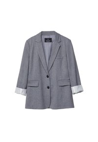 Blazer gris à coupe ajustée, à simple boutonnage, avec deux poches et des revers roulés dévoilant une doublure rayée blanche.