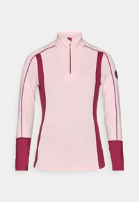 Gaiši rozā garām piedurknēm top, ar ceturtdaļas zips un tumši rozā sānu paneļiem. Iekļauj plakanas šuves un logo kreisajā piedurknē.