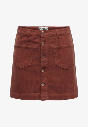 Suknja od kordura u boji rđe s prednjim zatvaranjem na pet dugmadi, dva džepa na prsima i prilagođenim krojem s vidljivim teksturiranim prugama.