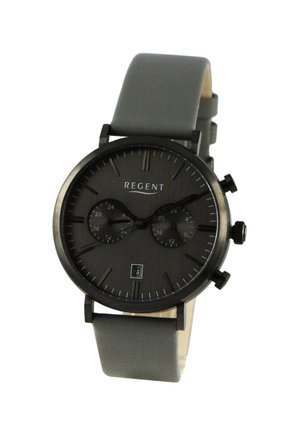 Schwarze Regent-Armbanduhr mit grauem Lederband, zwei kleinen Zifferblättern im Inneren des Ziffernblatts und Datumsanzeige mit der Zahl 23.