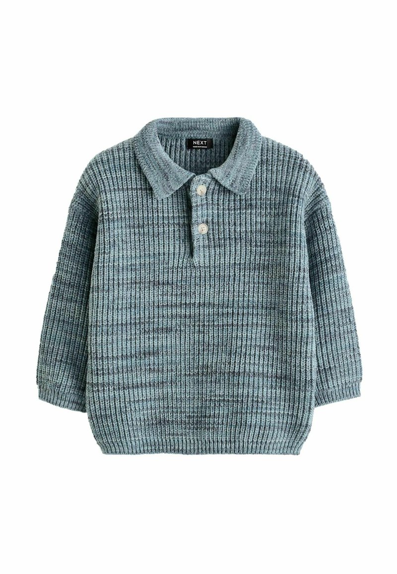 Stickad långärmad pullover i ljusblått, med ribbad textur, krage och placket med tre knappar. Mysig och avslappnad design.
