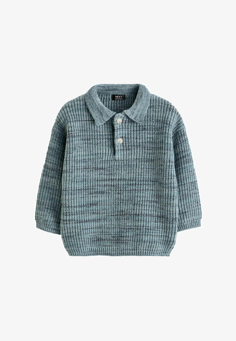 Maglione a maniche lunghe lavorato a maglia di colore azzurro chiaro, con texture a coste, colletto e patta con tre bottoni. Design accogliente e casual.