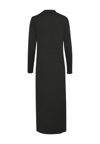 Black long-sleeve dress with a relaxed fit. Features a round neckline and falls to mid-calf. Made from a smooth, textured fabric.