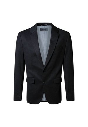 Schwarzer Herrenblazer mit zwei Knöpfen, Reverskragen, Klapptaschen und leichter gemusterter Innenauskleidung.