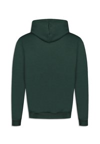 Sudadera verde con capucha grande ajustable, puños y dobladillo acanalados, fabricada en un material suave con una textura lisa.
