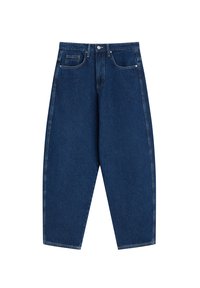 Granatowe jeansy z luźnym krojem, pięcioma kieszeniami i zamkiem błyskawicznym. Charakteryzują się kontrastowym przeszyciem i prostym krojem nogawek.