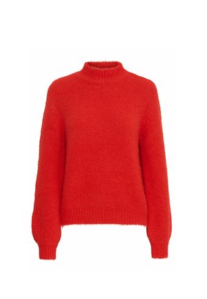 Rode, fuzzy gebreide trui met een hoge hals, lange mouwen en geribbelde boorden. Zachte textuur en een relaxte pasvorm.