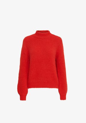 Rode, fuzzy gebreide trui met een hoge hals, lange mouwen en geribbelde boorden. Zachte textuur en een relaxte pasvorm.