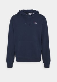 Sweat à capuche bleu marine en coton avec une poche kangourou à l'avant, une capuche à cordon de serrage et un petit logo sur la poitrine. Texture douce, poignets côtelés.