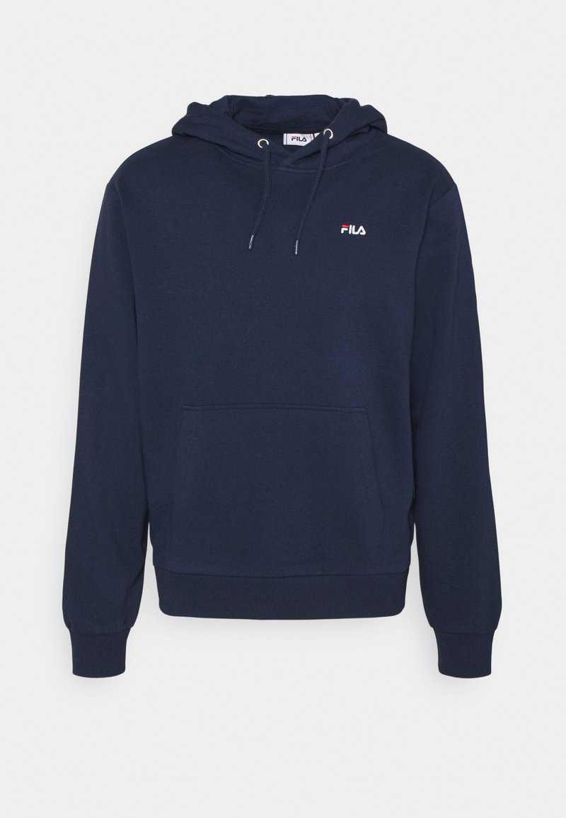 Sweat à capuche bleu marine en coton avec une poche kangourou à l'avant, une capuche à cordon de serrage et un petit logo sur la poitrine. Texture douce, poignets côtelés.