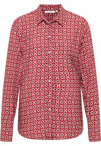 Rotes Hemd mit Knopfleiste, das ein floral-geometrisches Muster in Weiß und Dunkelrot aufweist. Hergestellt aus leichtem Stoff, mit einem kragenlosen Ausschnitt und langen Ärmeln.