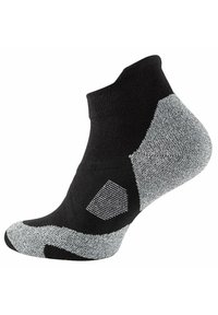 Calzini neri alla caviglia con un motivo grigio testurizzato, tallone e punta rinforzati. Il materiale sembra elastico con un design aderente.