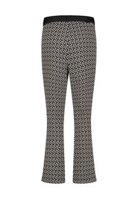 Pantalon noir avec un petit motif abstrait blanc et marron, jambes droites, et une taille élastique noire.