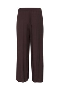 Dark brown wide-leg pants made of lightweight fabric, featuring an elastic waistband and a smooth texture, with no visible patterns or accents.