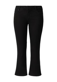 Zwarte mid-rise broek met een lichte flare, voorste knoop, ritssluiting, riemlussen en voor- en achterzakken, vanuit het front getoond.