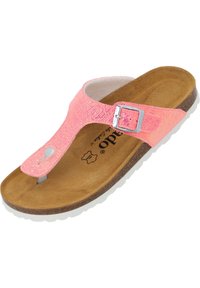 Roze gestructureerde synthetische teenslipper met verstelbare zilveren gesp, bruine gevoerde zool en witte rubberen zool.