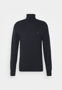 Maglione a maniche lunghe nero con collo alto, dotato di un piccolo logo rosso, bianco e blu sul lato sinistro del petto, esposto su uno sfondo bianco.