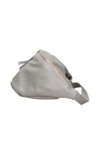 Borsa in pelle grigia con un design morbido, chiusura con zip e una texture delicata. Presenta una singola tracolla e una cucitura tono su tono.
