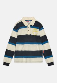 Langermet polo skjorte med marineblå, kremfargede og blå horisontale striper. Har krage, tre knapper og en grafisk detalj på fronten.