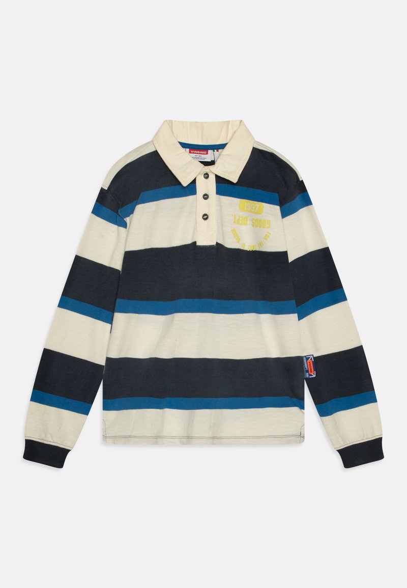 Langermet polo skjorte med marineblå, kremfargede og blå horisontale striper. Har krage, tre knapper og en grafisk detalj på fronten.