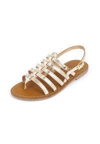 Gold metallic strappy sandal with a brown sole, featuring a toe post design and adjustable ankle strap, smooth texture, and minimal detailing.