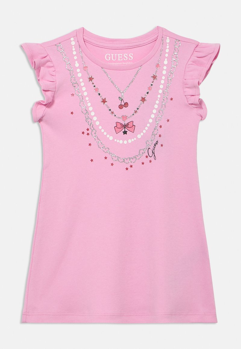 Růžové tričko s krátkým rukávem a volánky na rukávech, zdobené potiskem náhrdelníků a přívěsků ve stříbrné, červené a růžové barvě. Logo na výstřihu.