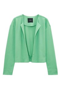 Zelený pletený kardigan s otevřeným předním dílem, strukturovanými rameny a uzlovým detailem v pase. Měkká, strukturovaná tkanina po celé ploše.