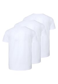Three plain white t-shirts made of cotton, featuring short sleeves, a round neck, and a smooth texture without patterns or designs.