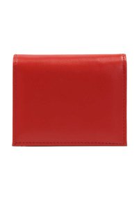 Punane nahast rahakott, ristkülikukujuline, sile pind, minimaalne õmbluste detail, klõpsuga sulgus, kompaktsed mõõtmed kaartide ja raha jaoks.